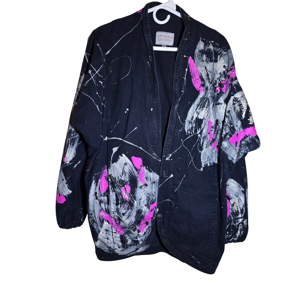 VINTAGE SUNDANCE 1980s Black/Pink jacket coat Size Medium Denim Painted Oversize